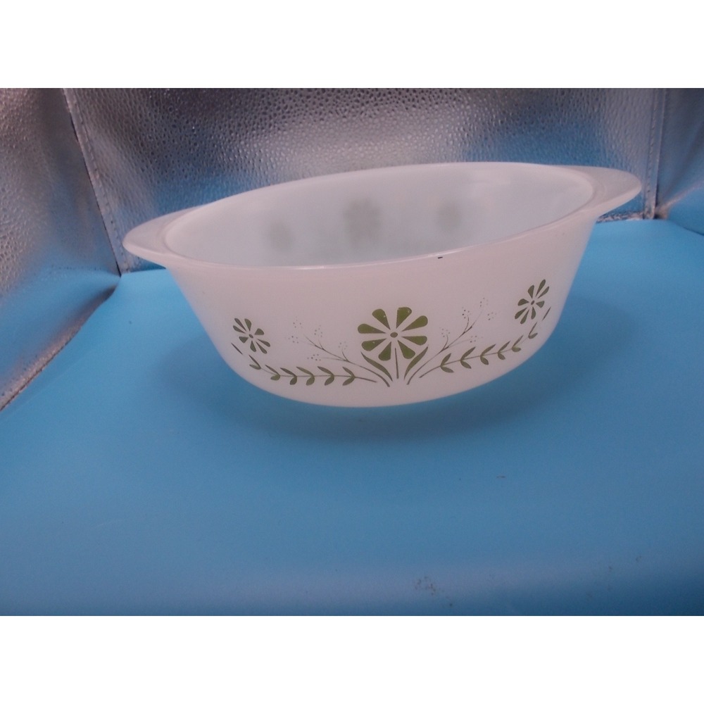 Glasbake Milk Glass Green Floral Casserole Dish 1.5 Quart Made in USA